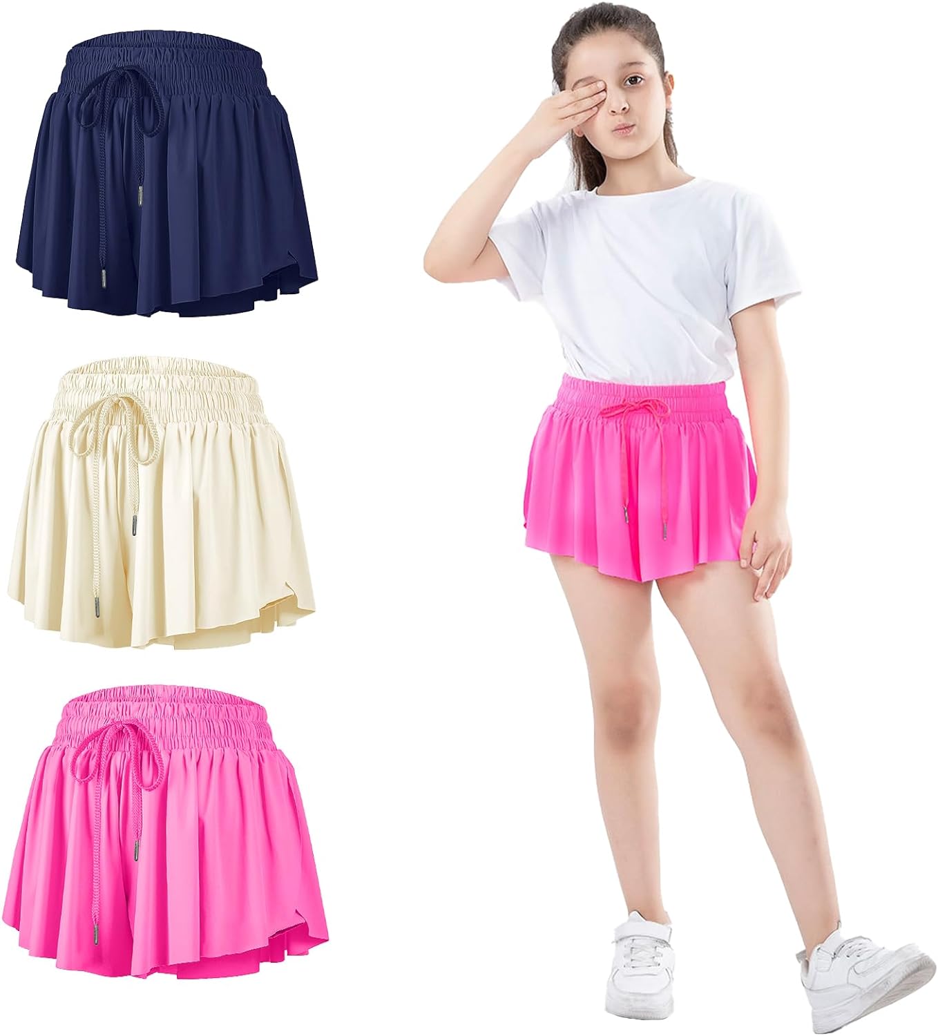 3 Pack Girls Flowy Shorts with Pockets, 2-in-1 Youth Flowy Butterfly Skirts Running Shorts for Sports,Fitness,Tennis