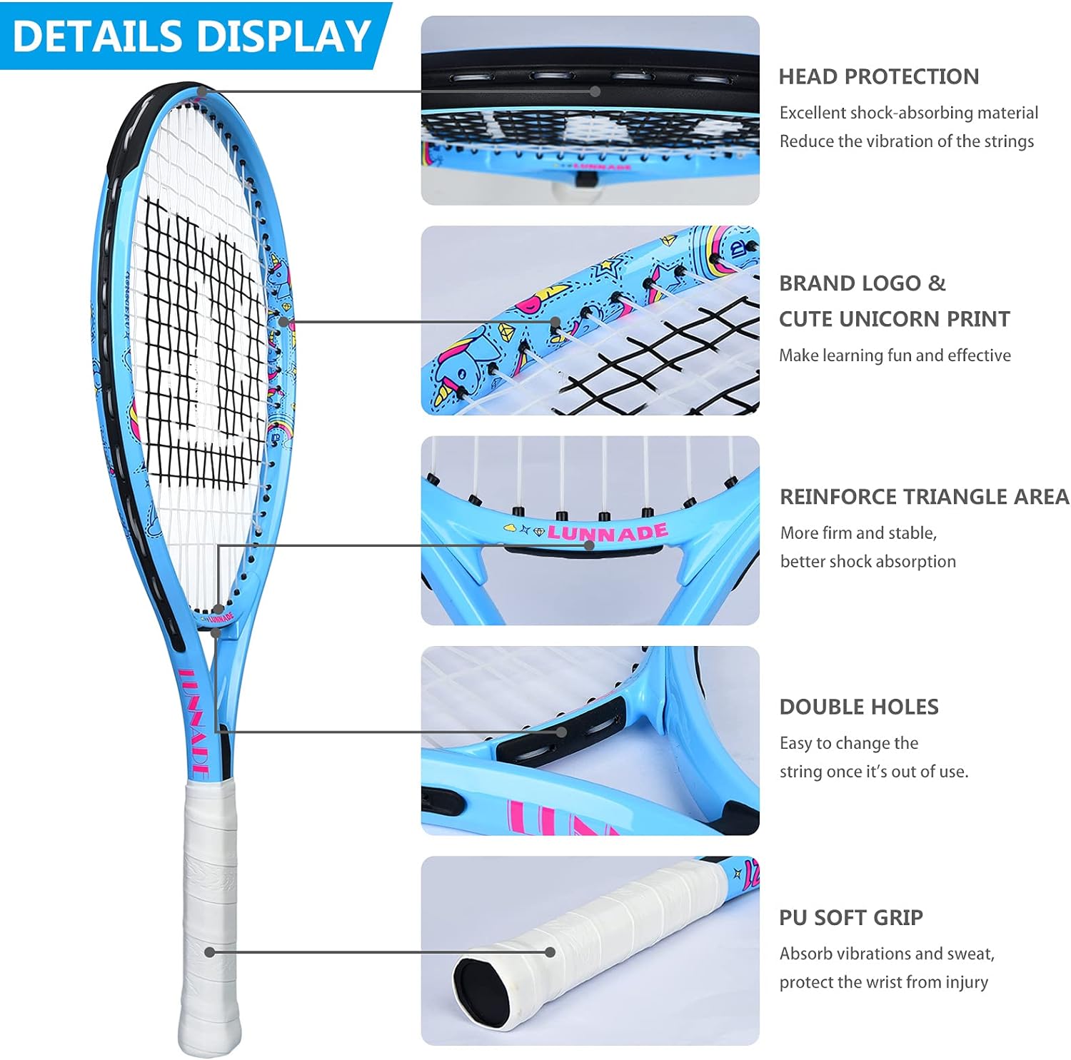 LUNNADE Tennis Racket for Kids Junior, 19/21/23/25 Inch Youth Tennis Racquet with Cover, Suitable for Beginner Boys and Girls Age 3-12