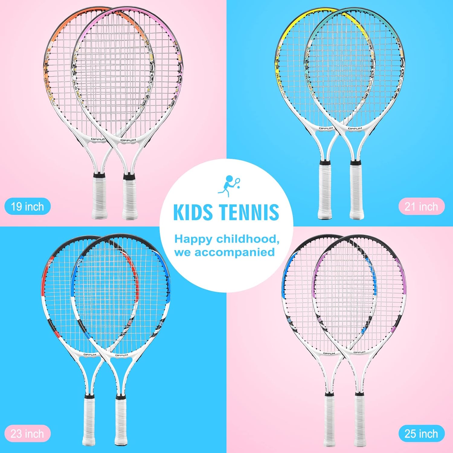 OPPUM Kids Tennis Racket (2-Pack), Sizes 19-25. Designed for 2-14 Years Old. Affordable, Durable Gear for Fun and an Introduction to Tennis.