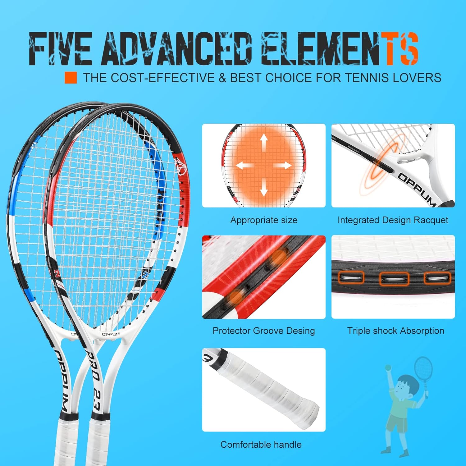 OPPUM Kids Tennis Racket (2-Pack), Sizes 19-25. Designed for 2-14 Years Old. Affordable, Durable Gear for Fun and an Introduction to Tennis.