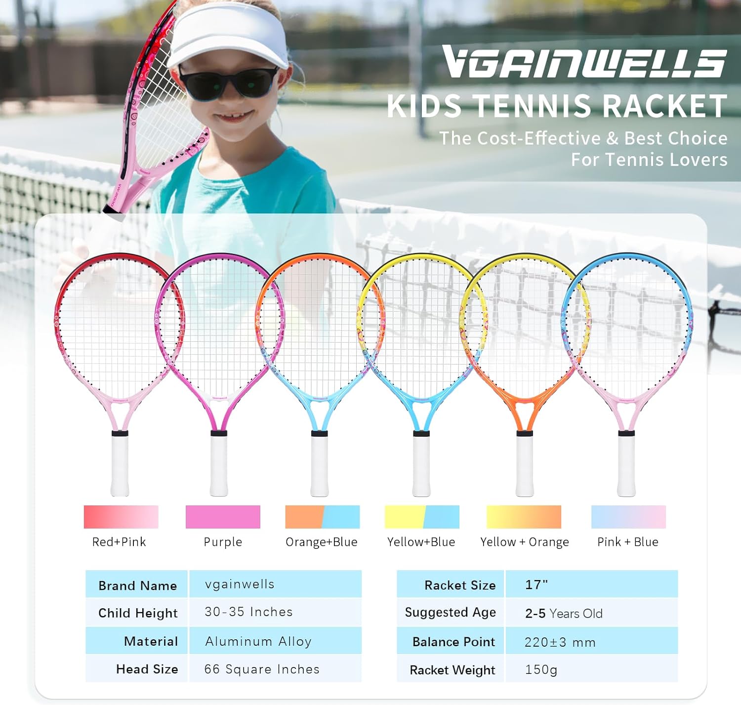 vgainwells 17 Kids Tennis Racket for Aged 2-5, Lightweight and Durable, Including 1 Toddler Tennis Racket and 1 Replacement Grip Tapes