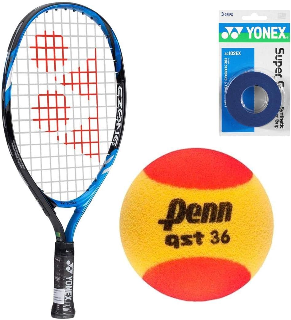 Yonex EZONE Bright Blue 21 Inch Junior Tennis Racquet Starter Set or Kit for Boys Bundled with a 3-Pack of Matching Overgrips and Red Foam Play and Stay Tennis Balls