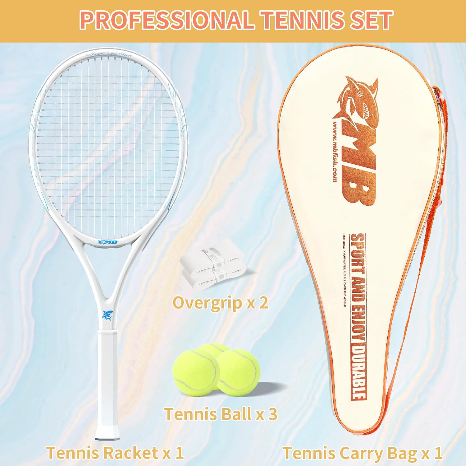 MBFISH Tennis Racket - Super Value Set with Durable Strings, Comfortable Handle, 27 Tennis Racquet for Adults, Includes 3 Tennis Balls, 2 Overgrips and Tennis Bag