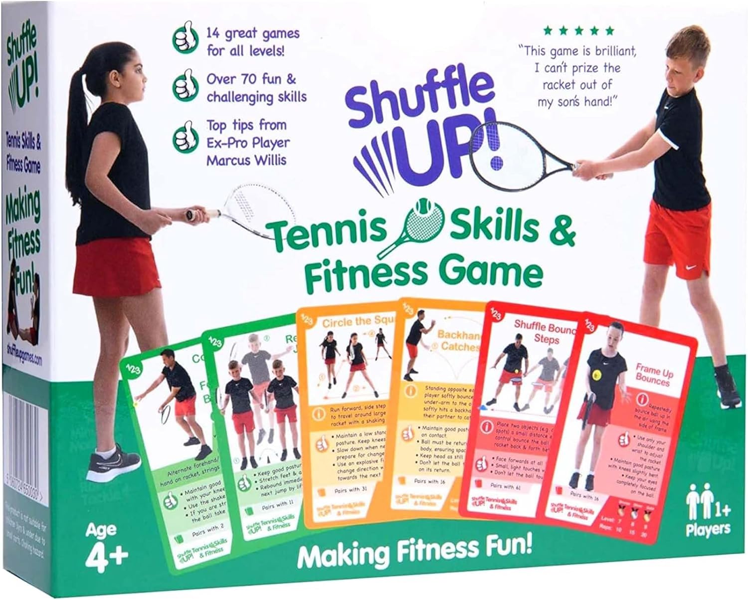 Shuffle Up Tennis Card Games - 70+ Fun Active Skills Cards for Kids, Fitness Cards Develop Fundamentals, Stamina Strength, Easy to Play for Kids | Multiple Skill Level Cards Include 2 Dices