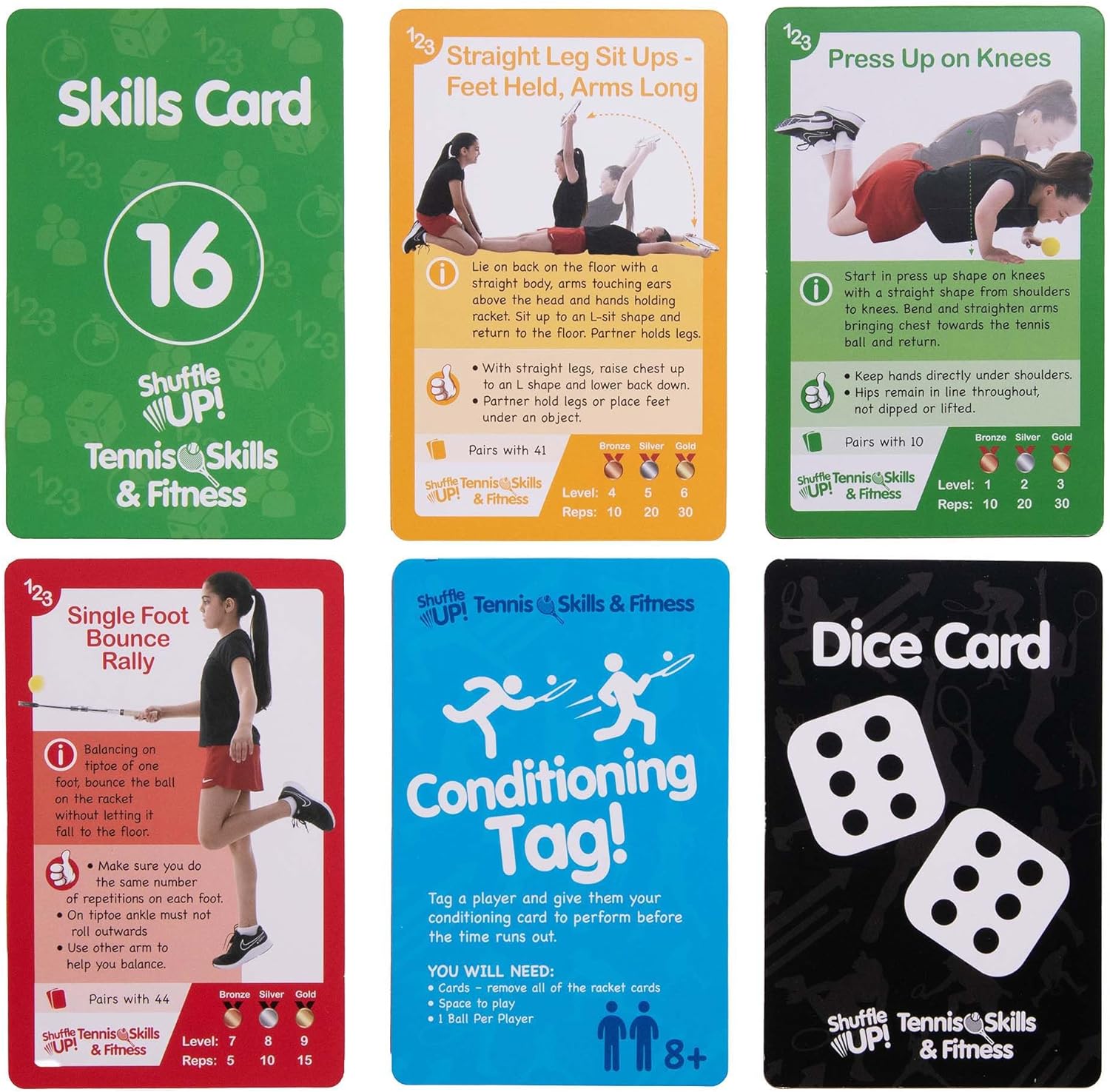 Shuffle Up Tennis Card Games - 70+ Fun Active Skills Cards for Kids, Fitness Cards Develop Fundamentals, Stamina Strength, Easy to Play for Kids | Multiple Skill Level Cards Include 2 Dices