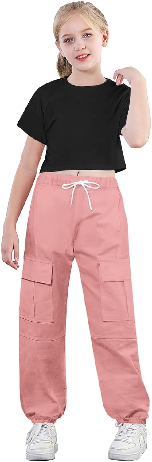 Betusline Girls 2 Piece Outfits Cute Crop Top Cargo Pants Trendy Clothing Sets, 4T-14 Years