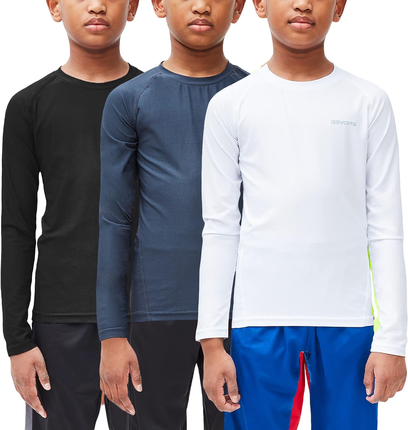 DEVOPS Youth Boys 2 or 3 Pack Compression Athletic Performance Baselayer Long Sleeve Shirts