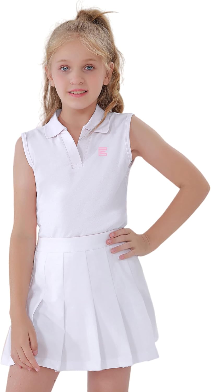 EXARUS Girls Golf Tennis Polo Shirts Kids V-Neck Athletic Workout Moisture Wicking Quick Dry UPF 50+