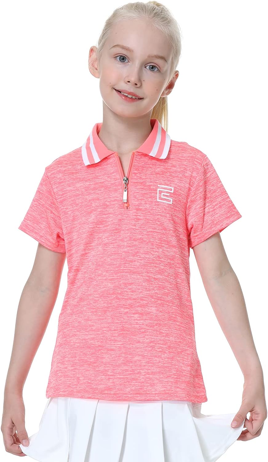 EXARUS Girls Golf Tennis Polo Shirts Kids V-Neck Athletic Workout Moisture Wicking Quick Dry UPF 50+