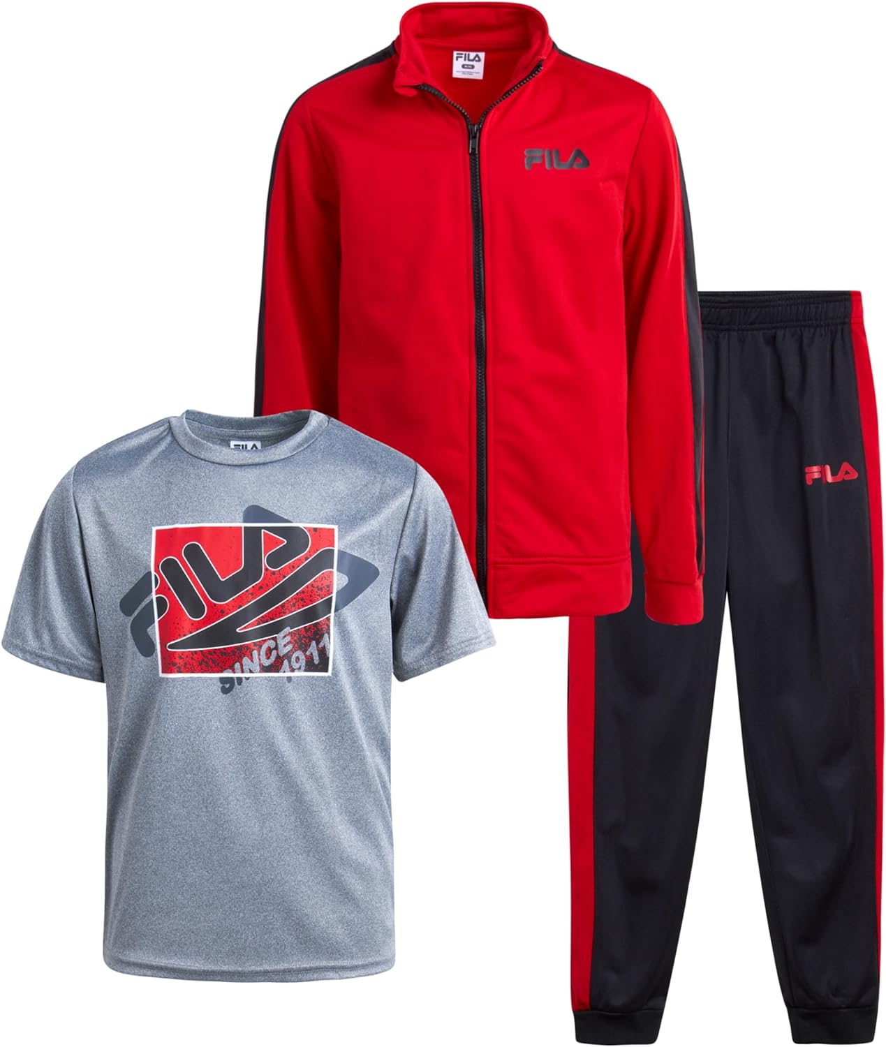 Fila Boys Active Tracksuit Set - 3 Piece Performance Tricot Sweatshirt, Jogger Sweatpants, Shirt - Activewear for Boys (8-12)