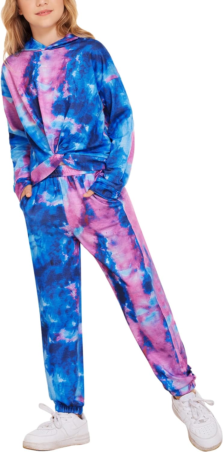 Hopeac 2 Piece Girls Tie Dye Clothes Set Cute Twist Front Tops Sweatshirts Hoodies Sweatpants Tracksuit Sweatsuits Outfits