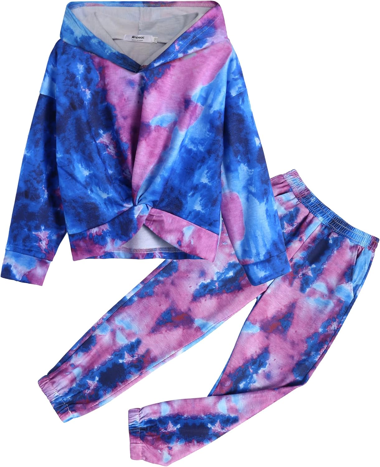 Hopeac 2 Piece Girls Tie Dye Clothes Set Cute Twist Front Tops Sweatshirts Hoodies Sweatpants Tracksuit Sweatsuits Outfits