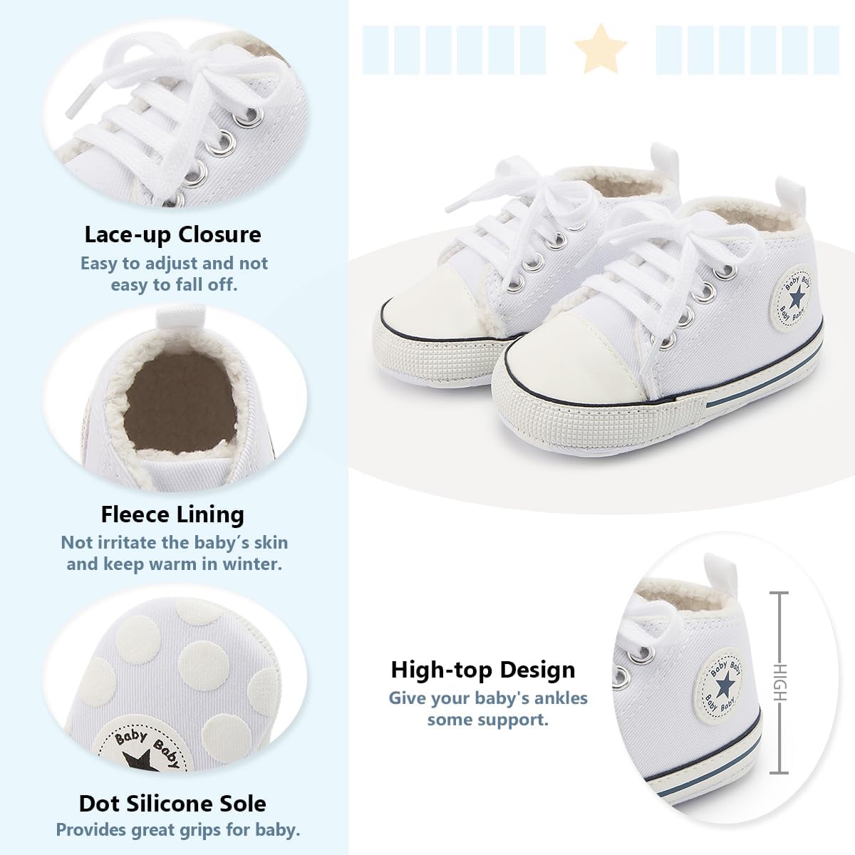 Meckior Baby Girls Boys Canvas Sneakers Soft Sole High-Top Ankle Infant First Walkers Crib Shoes