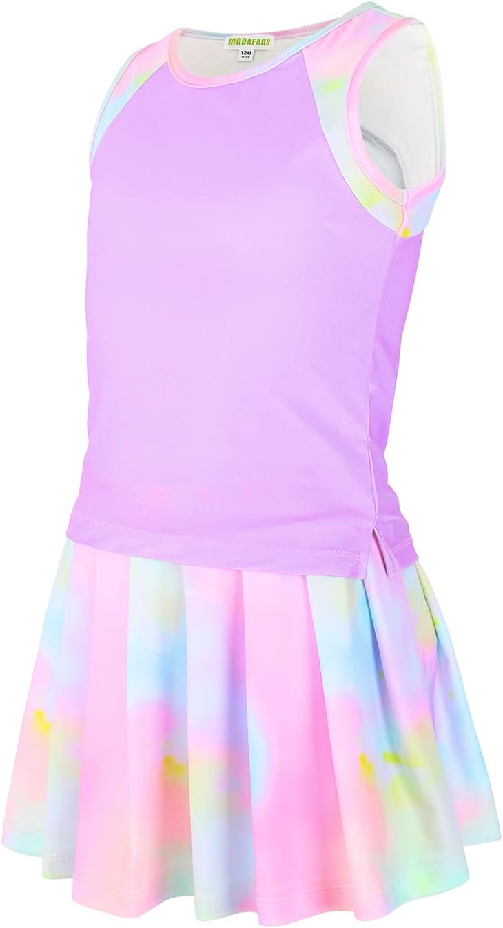 MODAFANS Girls Tennis Golf Dress Athletic Outfit Kids Tie dye Tank Top and Skorts Sets Sports Skirt with shorts