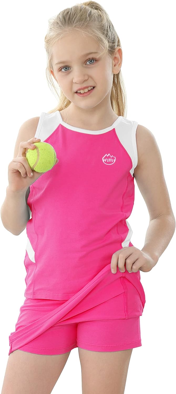 Willit Girls Tennis Golf Dress Outfit Kids Tennis Skirt and Tank Set Cotton Golf Clothes with Shorts