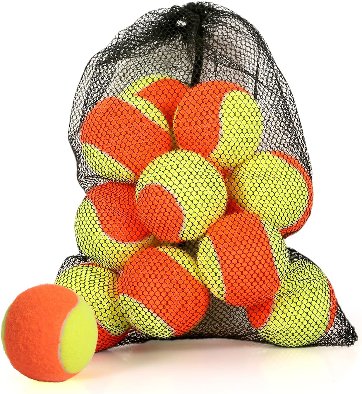 12/18/24/30/40 Pack Tennis Balls for Kids 25%-50% Low Compression Stage Tennis Ball for Beginners Youth Kids Training Practicing with Mesh Bag Easy to Transport