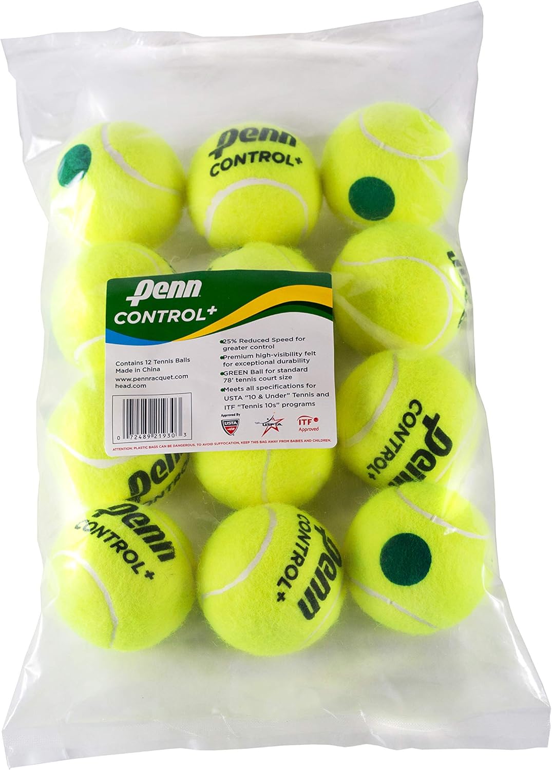 Penn Control Plus Tennis Balls - Youth Felt Green Dot Tennis Balls for Beginners