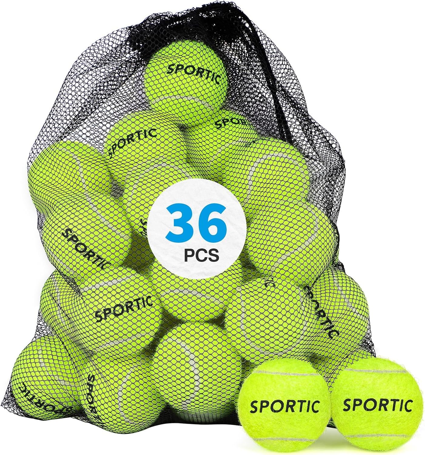 SPORTIC Tennis Balls, Duty Felt Pressurized Tennis Ball with Mesh Bag for 12PC or 36PC -High Bounce Training Exercise Tennis Balls for Beginners  Pet Dog Playing Balls, 3/4/12/36 PCS