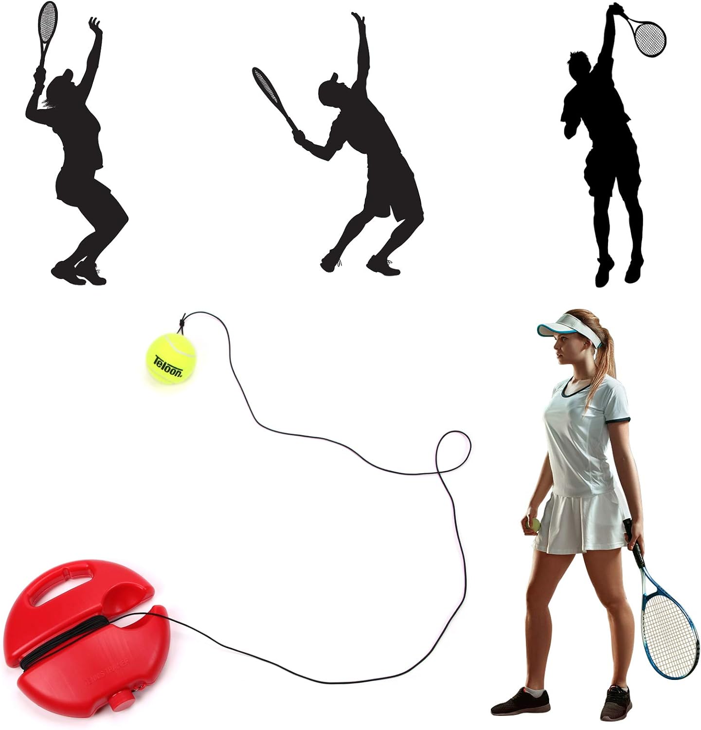 Teloon Solo Tennis Trainer Rebound Ball with String for Self Tennis Practice Training Tool for Adults or Kids Beginners with 2 String Balls Elastic and a Portable Mesh Bag