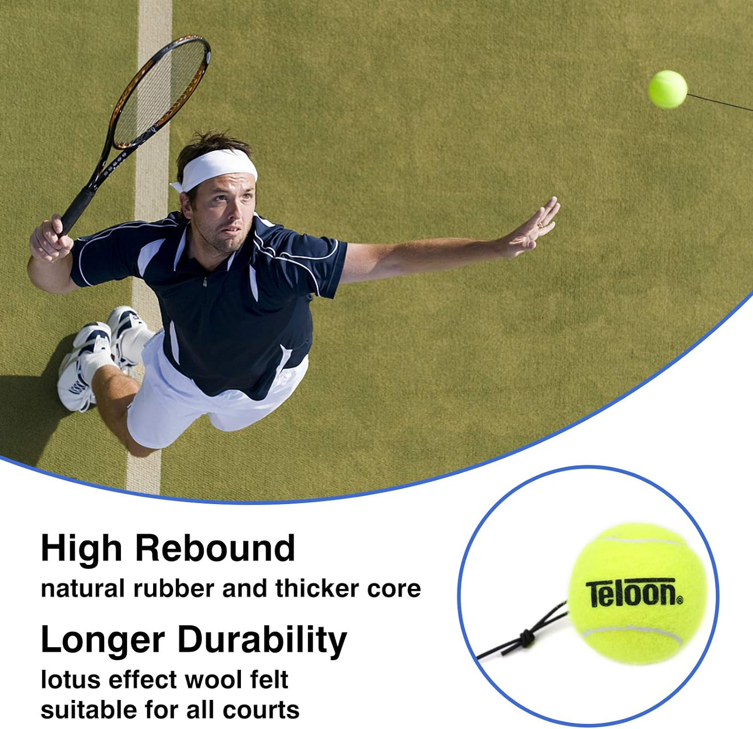 Teloon Solo Tennis Trainer Rebound Ball with String for Self Tennis Practice Training Tool for Adults or Kids Beginners with 2 String Balls Elastic and a Portable Mesh Bag