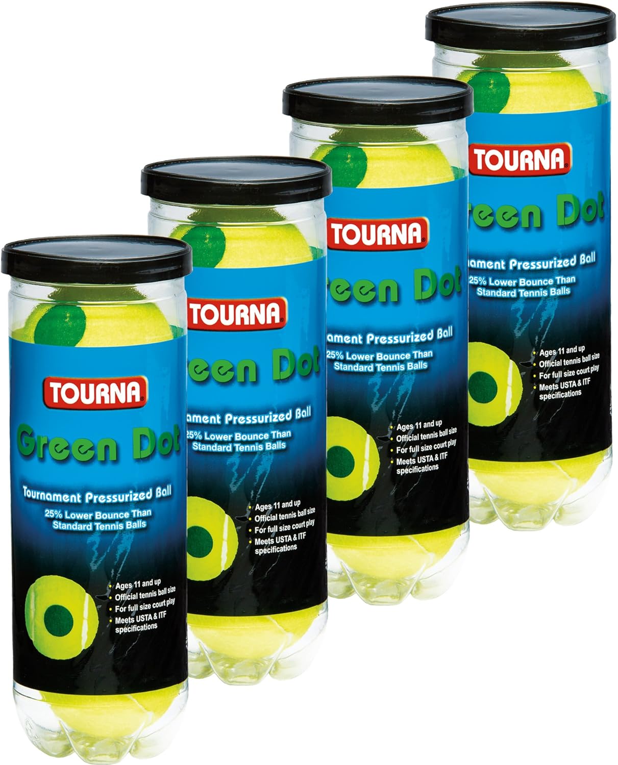 Tourna Green Dot Tennis Balls in a Pressurized Can, 4 Pack(12 balls), USTA Approved